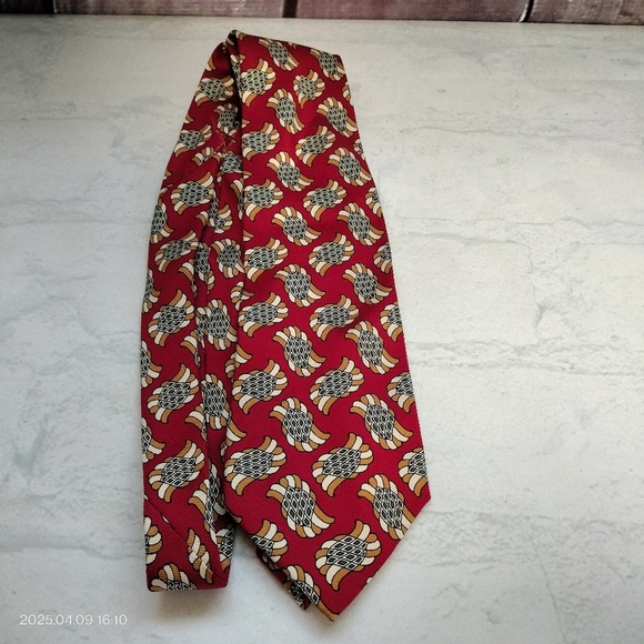 Boss Hugo Boss Silk Necktie Tie Repp Red Gold Cream Abstract Men's Classic - Picture 9 of 10